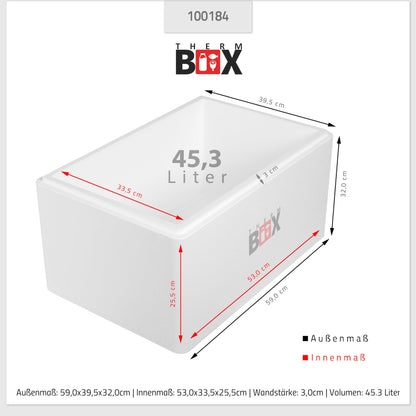 THERM-BOX Styrofoam box 45W Inside: 53x33x25cm Wall: 3cm Volume: 45.3L Insulated box Cooler Warm box Reusable