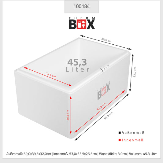 THERM-BOX Styrofoam box 45W Inside: 53x33x25cm Wall: 3cm Volume: 45.3L Insulated box Cooler Warm box Reusable