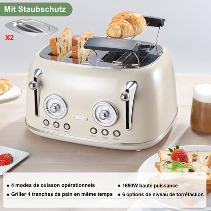 Wiltal 4-Slice Toaster, Long Slot Toaster, Stainless Steel Housing, with Built-in Bun Warmer, With Cover, Browning Control 1-6, Defrost Function, Crumb Tray, Retro Toaster, Cream White.