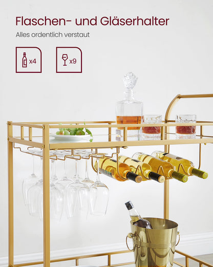 VASAGLE serving cart, rolling cart, glass holder, 2 mirrored glass shelves, bar cart, wine cart, for kitchen, dining room, bar, gold color LRC090A03