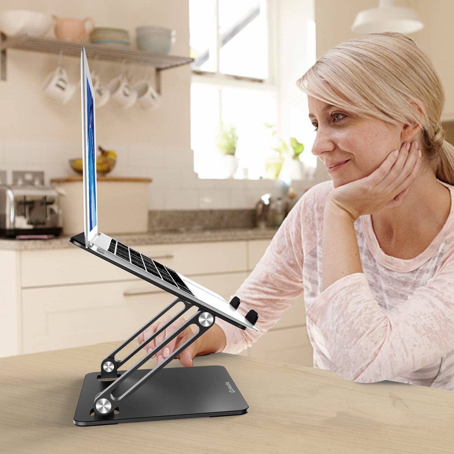 Gokeda laptop stand, ergonomic aluminum stand for desk, notebook stand with ventilation hole, compatible with MacBook Air/Pro, Dell, HP, Lenovo, and other 10-15.6" laptops.