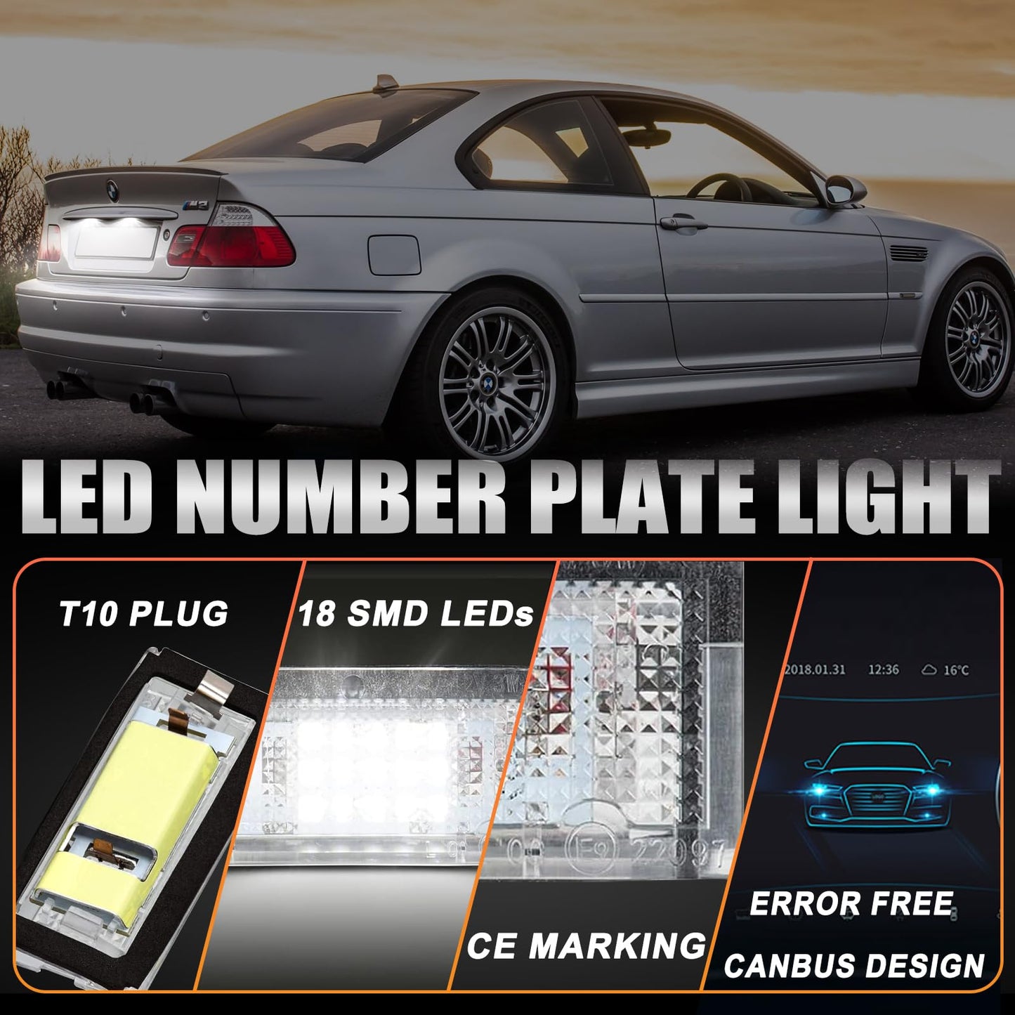 OZ-LAMP LED license plate light for BMW E46 4D Sedan 5D Touring, license plate with Canbus, number plate light, 18 * 2835 SMD, 2 pieces.