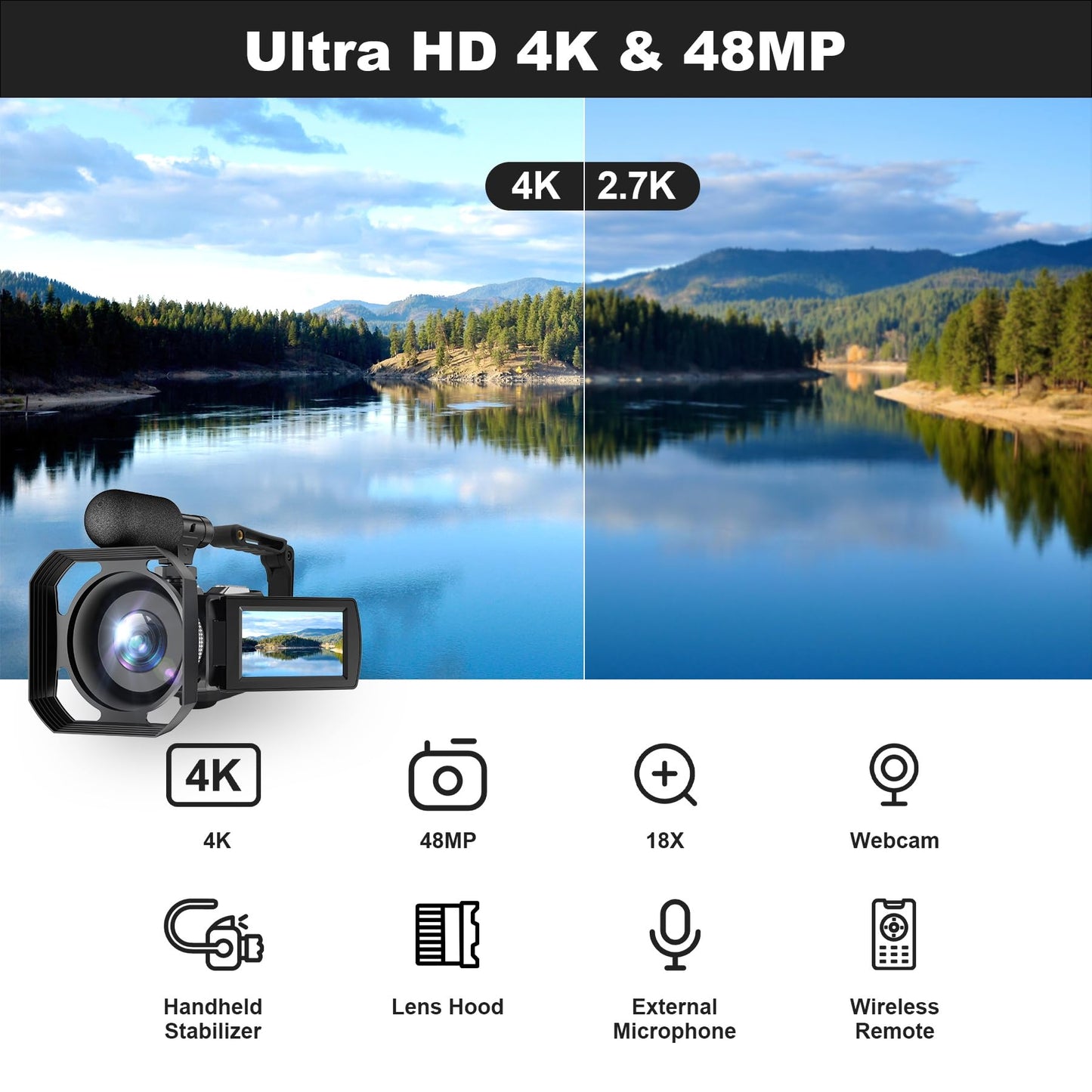 Hojocojo 4K Camcorder 48MP 60FPS, 18X Digital Zoom Webcam Video Camera Vlogging Camera for YouTube with Hand Stabilizer, Lens Hood, Remote Control, 2 Batteries, 32GB SD Card