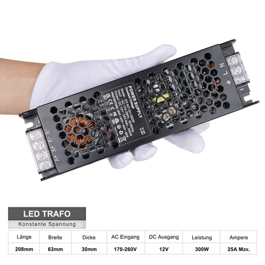 REYLAX LED Transformer 12V 300W Transformer 230V to 12V DC 25A Driver DC Power Supply Flat Low Voltage Transformer Constant Voltage Transformer LED Driver for Led Strips Lamps, Dimensions 208 x 63 x 30mm