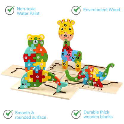 Wooden puzzles for toddlers aged 1-3, Montessori toy for kids aged 2+, educational wooden puzzle game, gift for 1 2 3 year old boys and girls - 4-pack