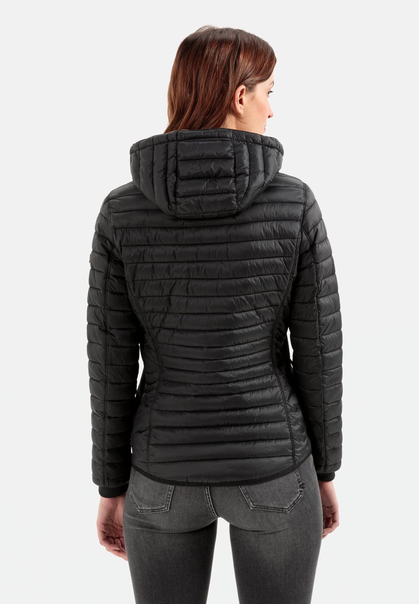 camel active women's lightweight quilted jacket with removable hood in black, size 44.