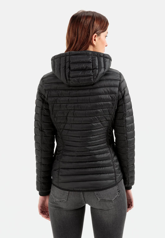 camel active women's lightweight quilted jacket with removable hood in black, size 44.