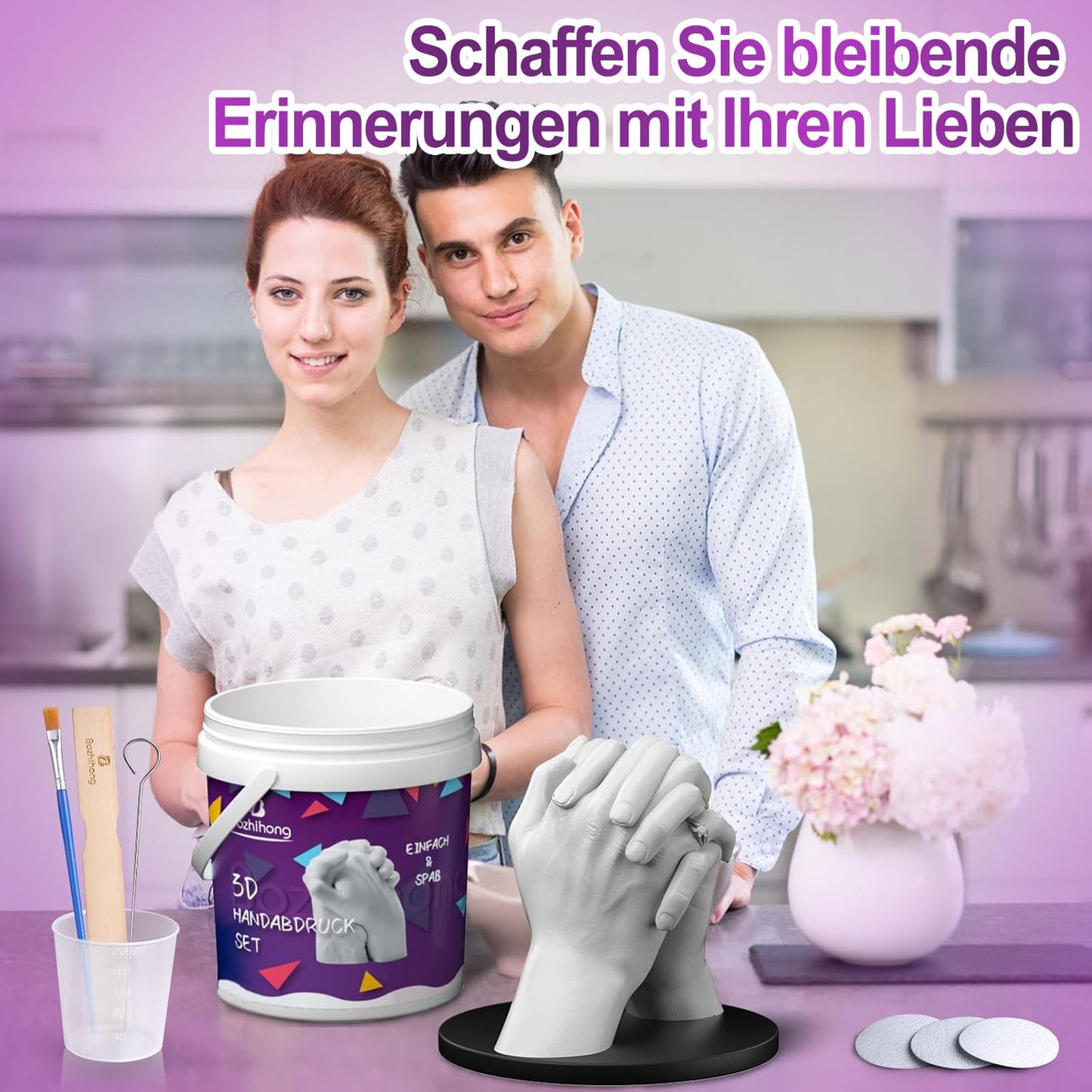 Bozhihong 3D Handprint Set for Couples - Plaster handprint hands couple - Partner and couple gifts for women and men for Valentine's Day, anniversary, anniversary gift for her and him, purple