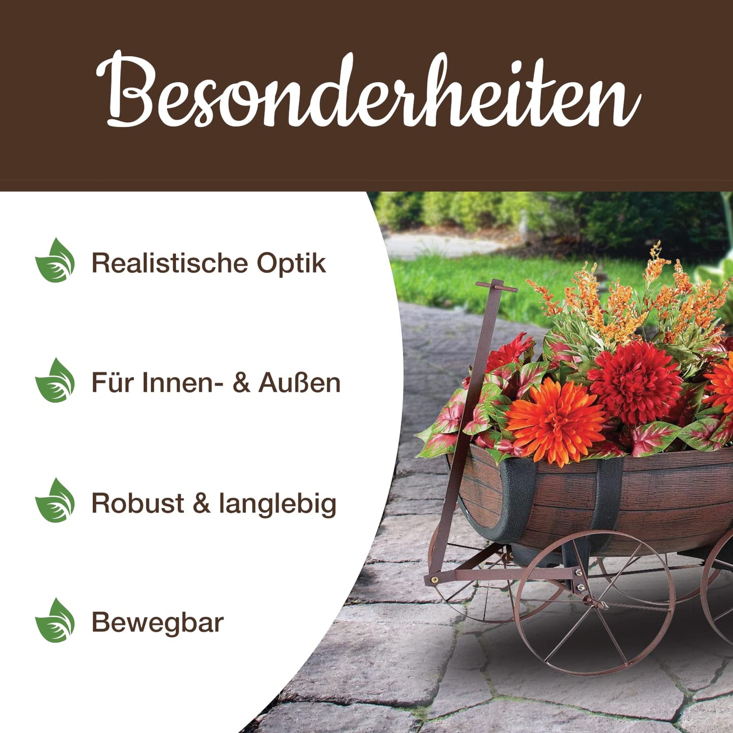 STREND PRO Floral Cart Whiskey Barrel - Plant cart on wheels, garden decoration flower pot barrel - realistic wooden look flower pot - flower pot plant wheelbarrow - wooden handcart, wooden wagon