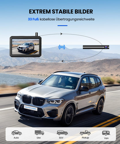 AUTO-VOX Wireless Backup Camera Kit supports 2 cameras for parking/surveillance, with a 720P wireless backup camera and 5" HD monitor. IP68 waterproof camera for trucks/SUVs.