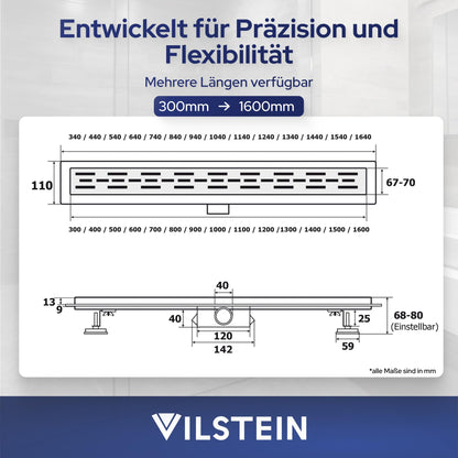 VILSTEIN Shower Drain 50cm, Stainless Steel Floor Drain Complete Set, extra flat, Siphon with odor trap, Hair Sieve - Wave