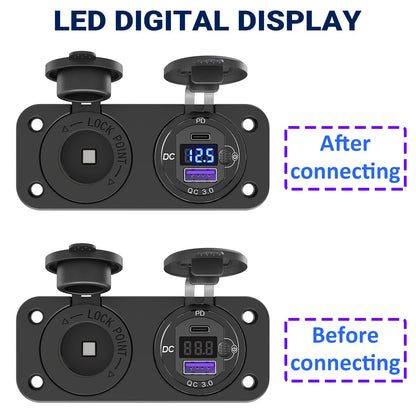 Cigarette Lighter Socket 12V USB Flush Mount Socket: Qidoe Aluminum Alloy 20W PD3.0 Car USB Outlet Waterproof Voltage Monitor 12V Socket 300W 24V Socket QC3.0 for Car Boat RVs