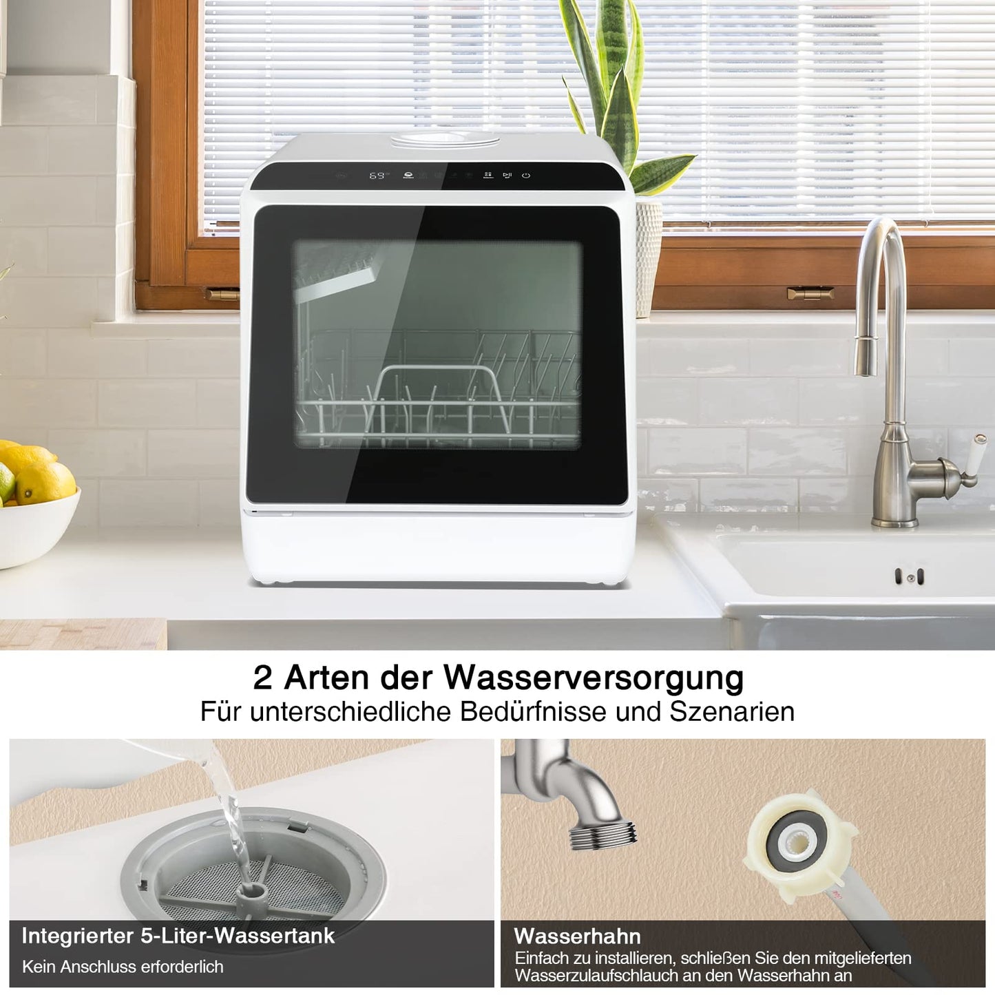 YU YUSING Mini Dishwasher Countertop Dishwasher with 5+1 programs, Small Dishwasher for 4 place settings with/without water connection, 5L water tank, Touch Control, LED display, for home office camping