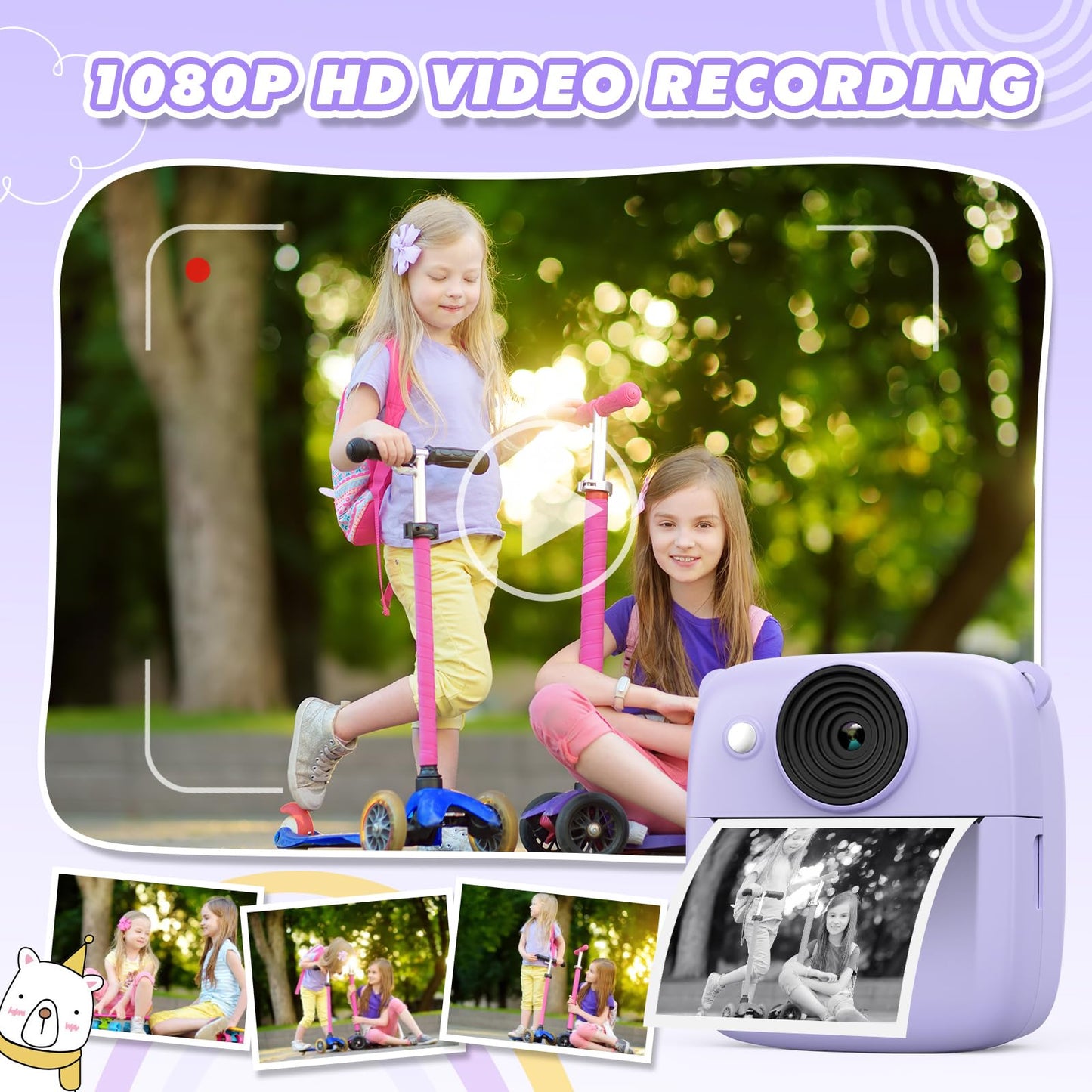 CalineGam Kids Camera Instant Camera, 48MP Instant Camera for Kids with 32GB Card & Printing Paper, 1080P Digital Camera for Kids, Gifts for Boys and Girls 3-12 Years (Purple)
