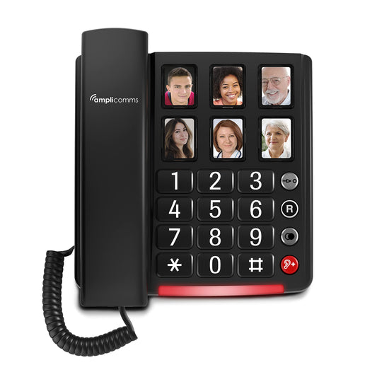 Amplicomms BigTel 40 Plus, corded large button telephone with six photo speed dial buttons, audio boost +40dB, extra loud ringtones, hearing aid compatible.