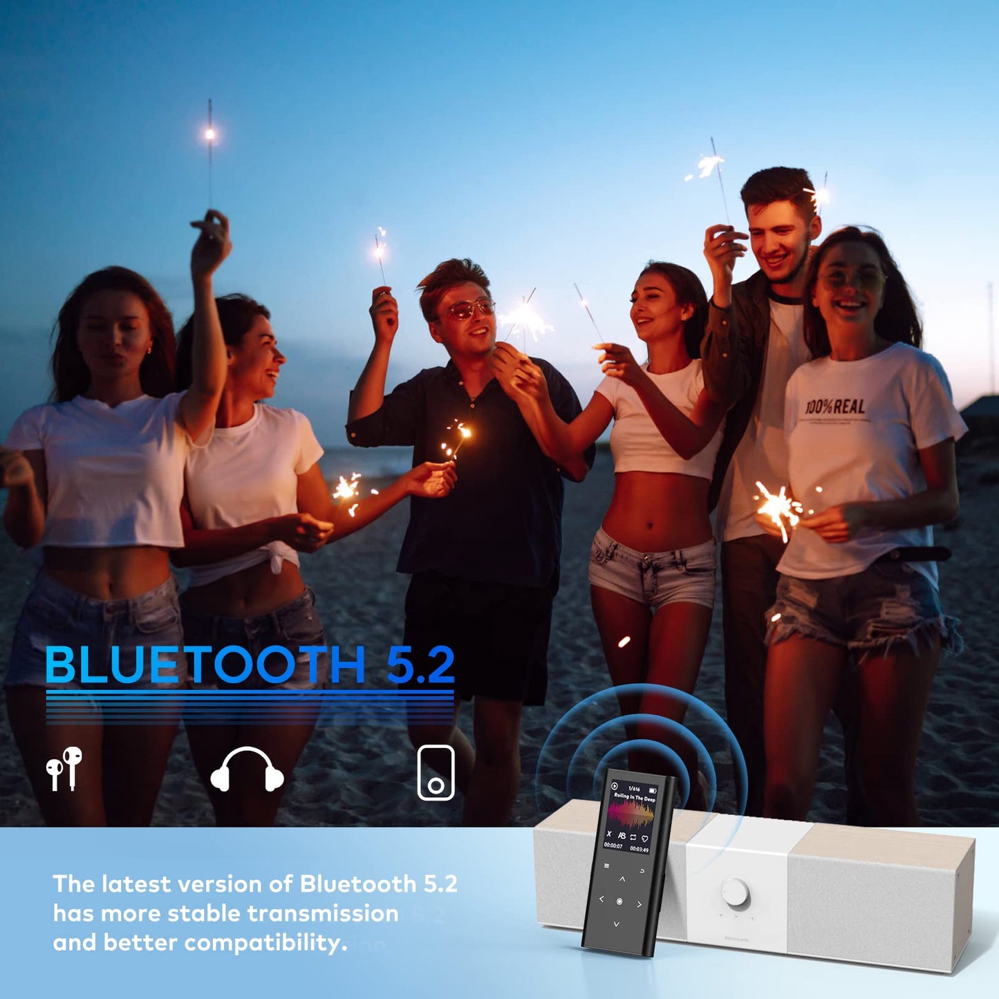64GB MP3 player, ZOOAOXO with Bluetooth 5.2, built-in HD speaker, FM radio, voice recorder, mini design, 70g weight, HiFi sound, perfect for sports, headphones included.