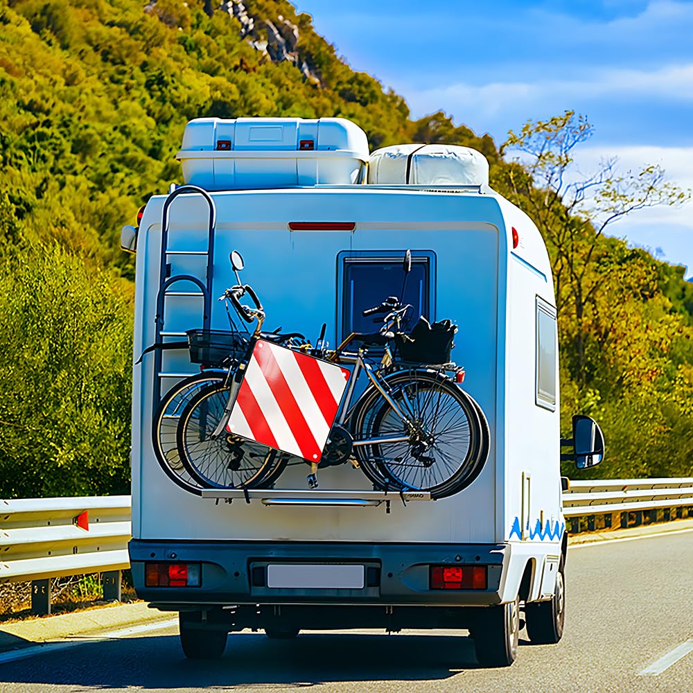 HOVCEH 2in1 warning sign Italy and Spain, 50 x 50 cm warning sign for bike carriers made of aluminum with 4 tension ropes. Warning sign for bike carriers in Italy for motorhomes, bike carriers, caravans, rear carriers.