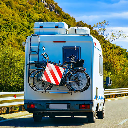HOVCEH 2in1 warning sign Italy and Spain, 50 x 50 cm warning sign for bike carriers made of aluminum with 4 tension ropes. Warning sign for bike carriers in Italy for motorhomes, bike carriers, caravans, rear carriers.