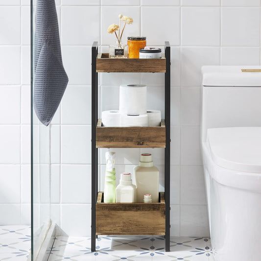SoBuy bathroom cabinet with 3 sturdy shelves, narrow MDF bathroom cabinet, bathroom furniture commode up to 30kg capacity, freestanding wood-colored bathroom shelf for small bathrooms 28x20x74cm FRG226-F