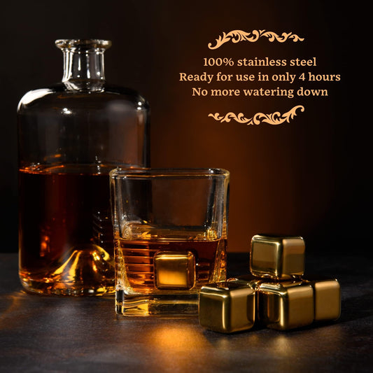 GOURMEO 6 Whiskey Stones Stainless Steel in Gold incl. Wooden Gift Box - Reusable Whisky Stones in the set as an alternative to traditional ice cubes.