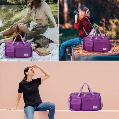 FIORETTO 35L Women's sports bag with shoe compartment and wet pocket, water resistant weekender gym travel bag, carry-on bag for women and men. Grape purple.