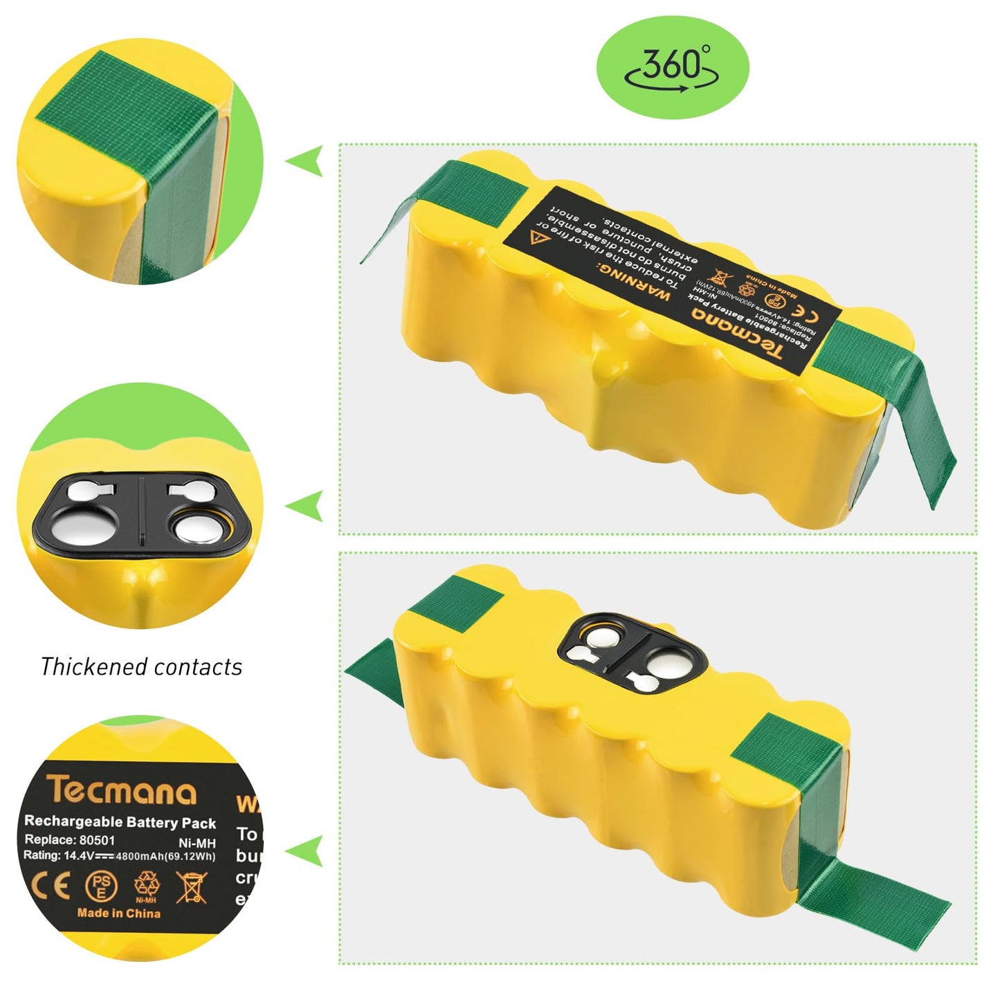 Tecmana 14.4V 4.8Ah replacement battery for iRobot Roomba 500 600 700 800 R3, 531 555 581 595 620 650 770 780 871 870 880