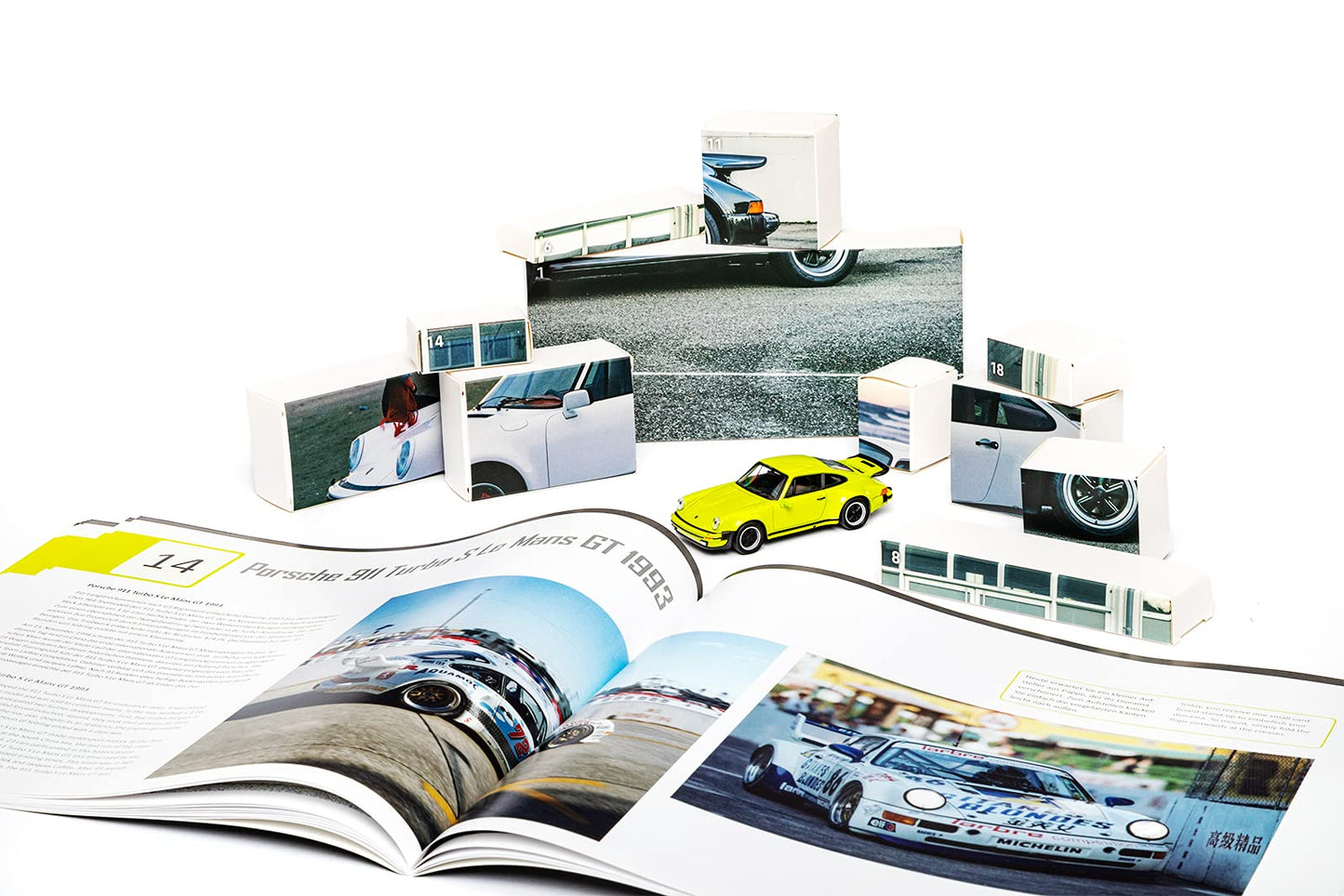 FRANZIS 55109 - Porsche 911 Turbo Advent calendar light green, metal model kit in 1:43 scale, including sound module and 52-page companion book.