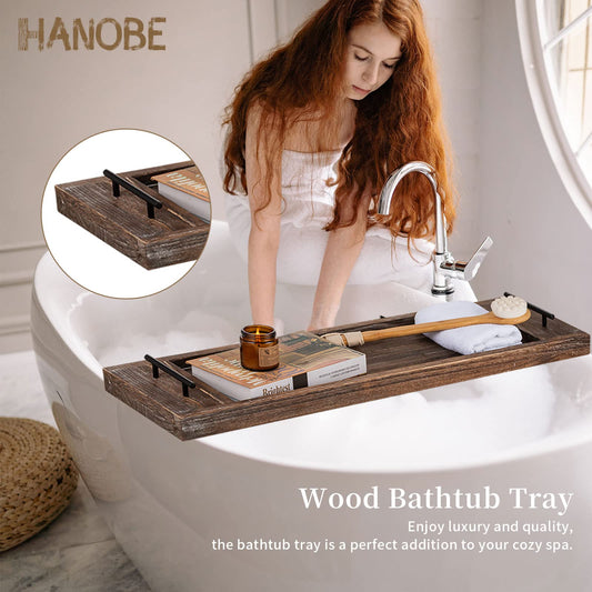 Hanobe Bathtub Tray Wooden Large: Rustic Bath Caddy Rectangular Extra Large Wood Tray Decor Bath Sofa Accessory Tray with Handle Bathtub Shelf for Tub 80cm.