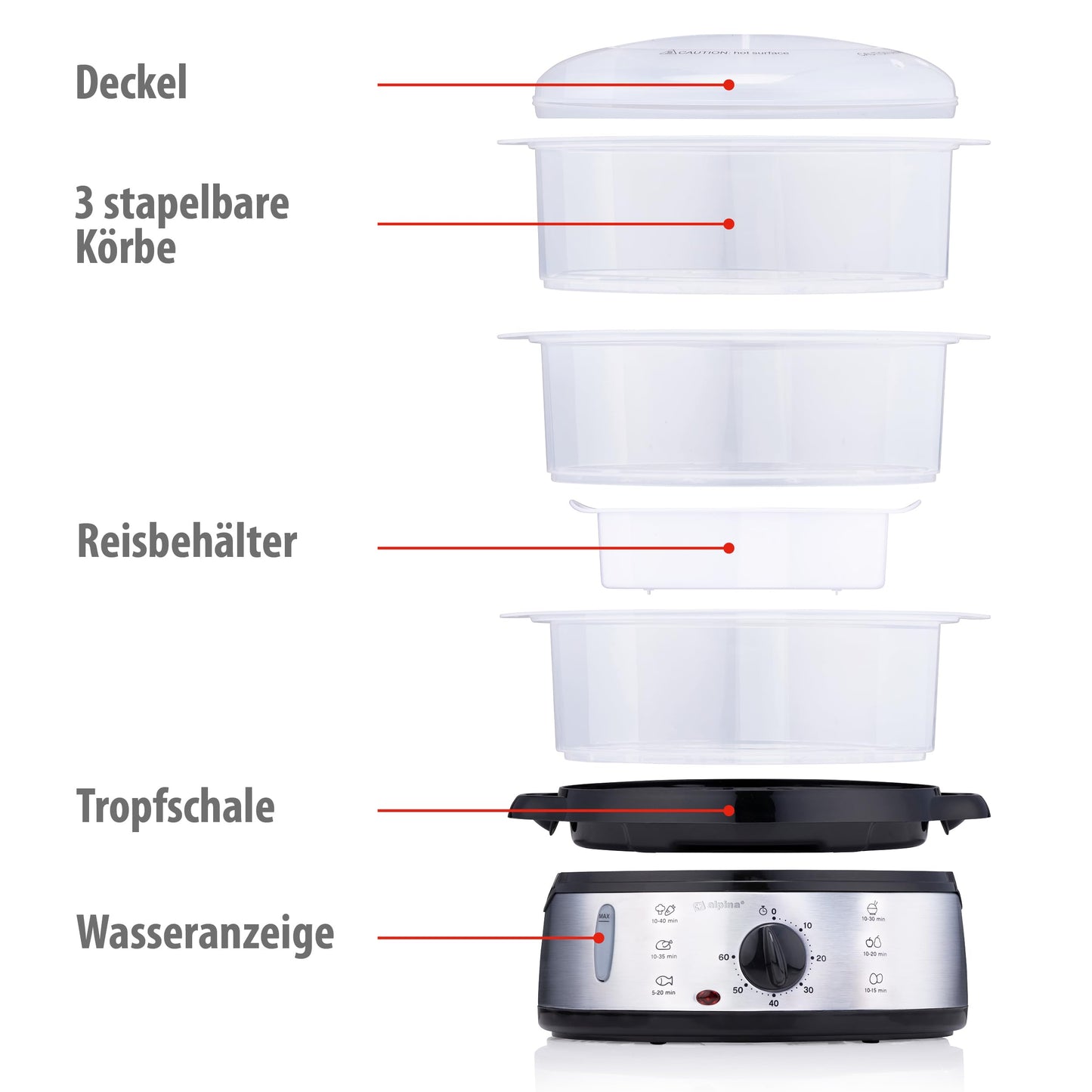 Alpina steamer - steam engine 230V/800W - 3 layer pot - BPA free - steam pot dishwasher safe - ready for use in 0 to 60 minutes - 9 liter capacity - plastic/stainless steel - gray