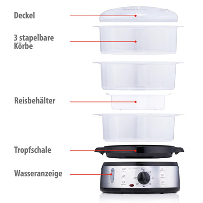 Alpina steamer - steam engine 230V/800W - 3 layer pot - BPA free - steam pot dishwasher safe - ready for use in 0 to 60 minutes - 9 liter capacity - plastic/stainless steel - gray
