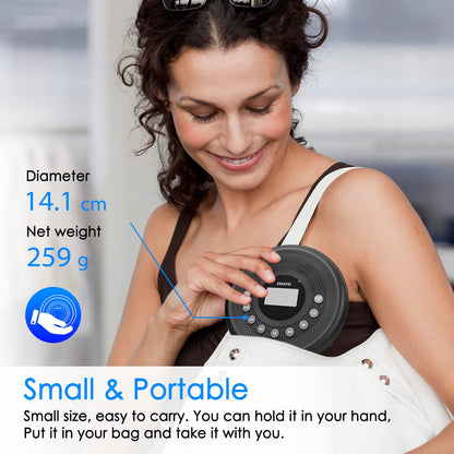 Portable CD Player Bluetooth with speakers, rechargeable 1400mAh portable CD player with shockproof/anti-skip protection, headphones and AUX cable, for car, home & travel.
