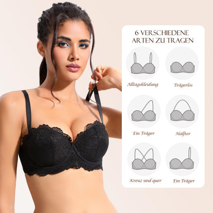 YANDW Strapless Padded Push Up Lace Bra with Multiway Clear Straps Strapless Women's Balconette Bras Black, 32D