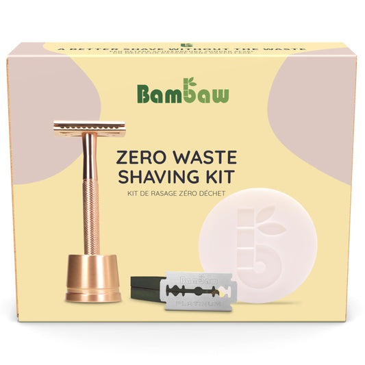 Bambaw - Razor set for women and men, includes 1 safety razor for women with stand, 10 double-sided blades & 1 apricot shaving soap. Sustainable gifts for women and men.