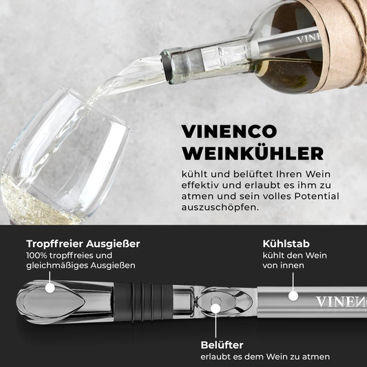 VINENCO Wine Cooler Set THE ORIGINAL, Bottle Cooler + Decanter 7-in-1 Premium Wine Accessories: Stainless Steel Bottle Wine Cooling Rod + Decanter Aerator + Pourer | Bar Gift Women Men, Red- White Wine