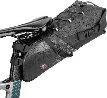 KEMIMOTO Bike Saddle Bag 11L, 100% waterproof bicycle seat bag for road bike, E-bike, and mountain bike, with attachment straps for mounting.