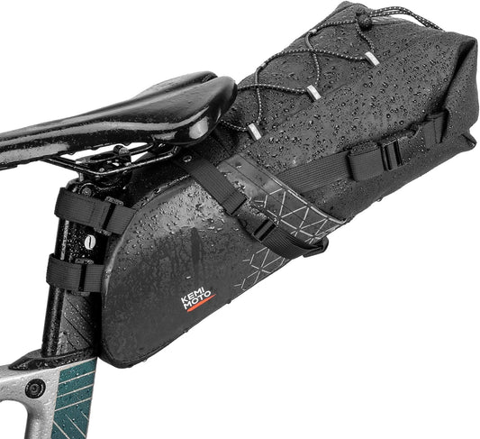KEMIMOTO Bike Saddle Bag 11L, 100% waterproof bicycle seat bag for road bike, E-bike, and mountain bike, with attachment straps for mounting.