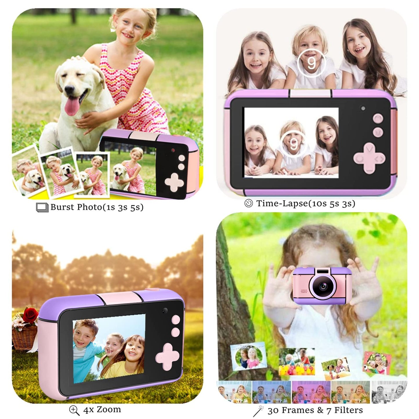 YunLone kids camera digital camera 2.4 inch digital camera for children selfie camera 1080P FHD video with 32GB card, 4X zoom, kids camera for boys girls 3 4 5 6 7 8 9 10 years