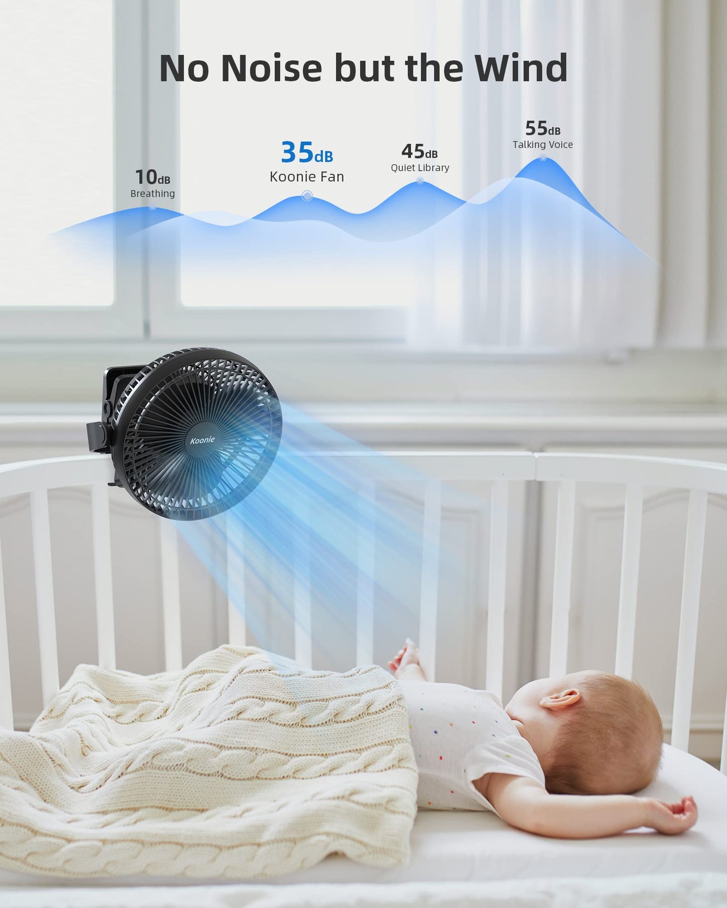 Koonie 10000 mAh clip-on fan, 20cm portable USB fan with battery, 4 speeds & 360° rotation, quiet wall fan, table fan for home, office, stroller, camping, grow tent.