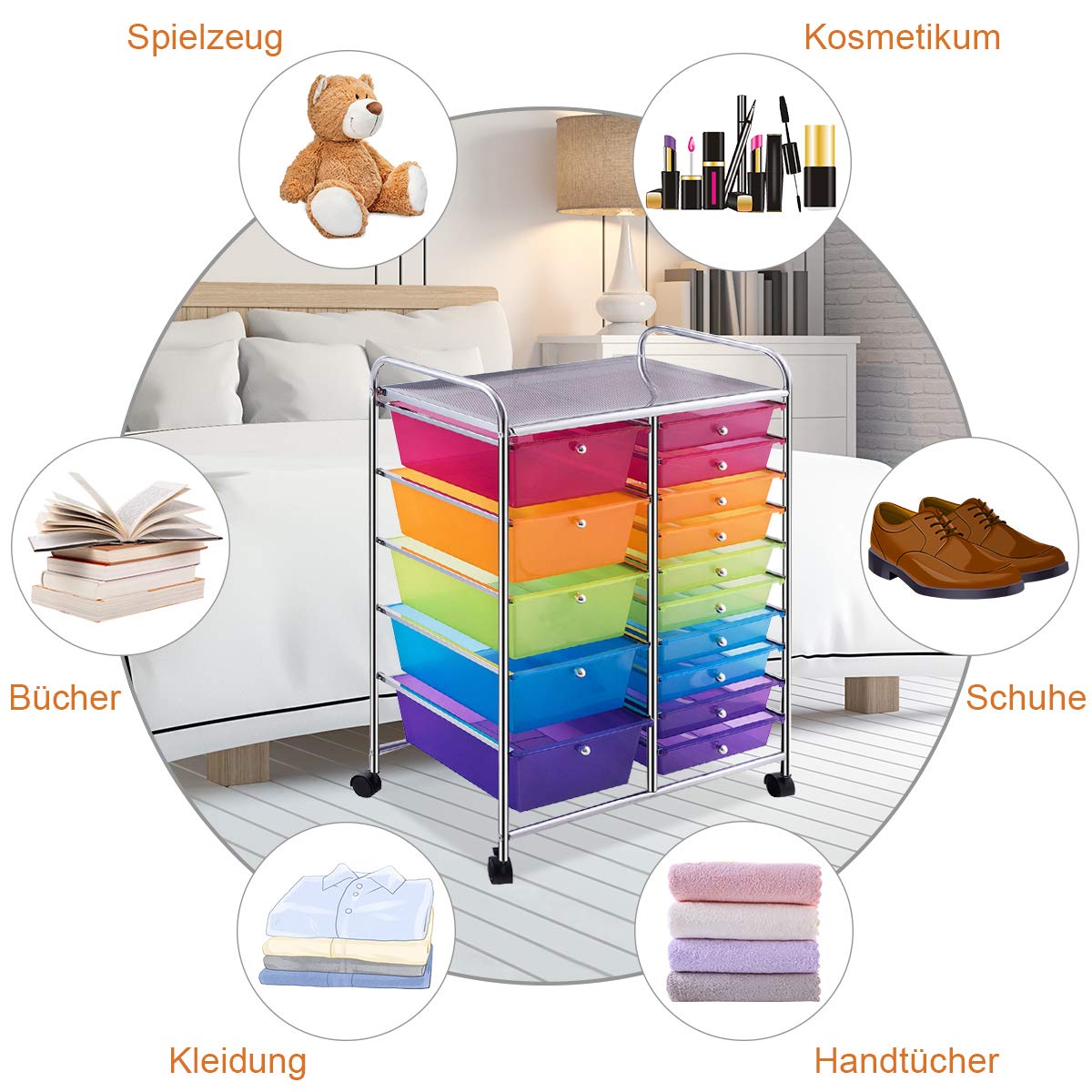 GOPLUS rolling cart with 15 stackable drawers, color options, utility cart household trolley storage cart bathroom cart shelf cart (Colorful)
