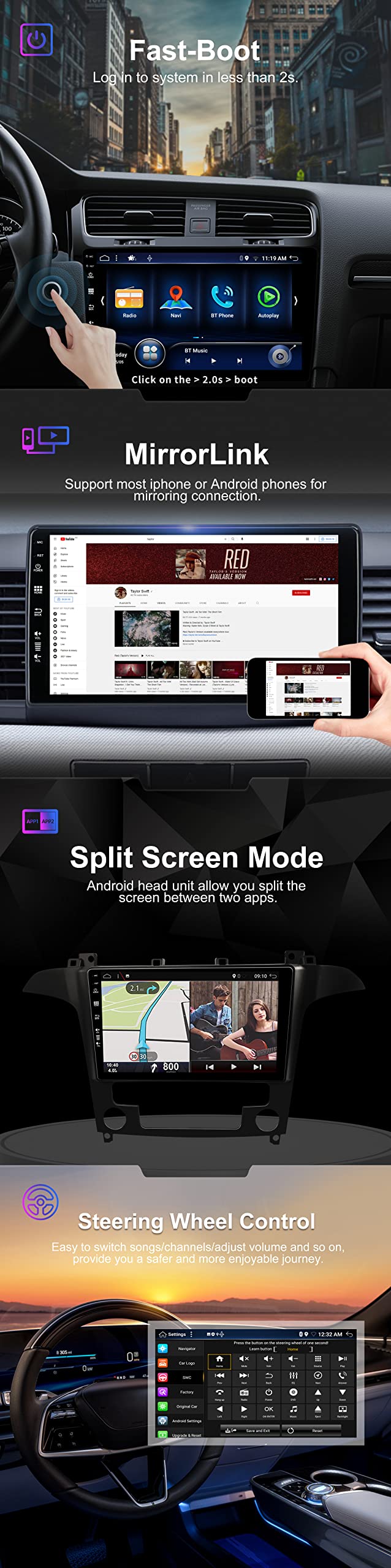 SXAUTO Android 13 - [6G+128G] - IPS Car Radio fits Ford S-Max (2006-2015) - Built-in Wireless Carplay/Android Auto/DSP - Camera + MIC - DAB SWC WiFi Fast-Boot 360-Camera 4G BT5.0-2 Din 9 Inch