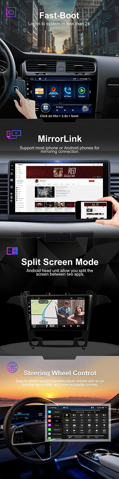 SXAUTO Android 13 - [6G+128G] - IPS Car Radio fits Ford S-Max (2006-2015) - Built-in Wireless Carplay/Android Auto/DSP - Camera + MIC - DAB SWC WiFi Fast-Boot 360-Camera 4G BT5.0-2 Din 9 Inch