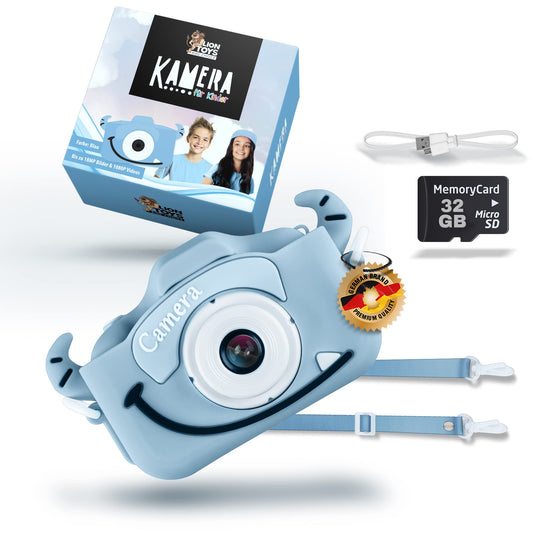 Lion Toys Kids Camera Blue | Photo camera with 32GB memory card, silicone protective case & fun effects | 18 megapixels | rechargeable | Easy operation for ages 3-12.