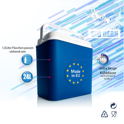 Cooler box 24 liters blue/white incl. 6 cooling packs - Up to 14 hrs cooling - Cooler bag for on the go - Outdoor thermobox for picnics & camping - Made in Europe