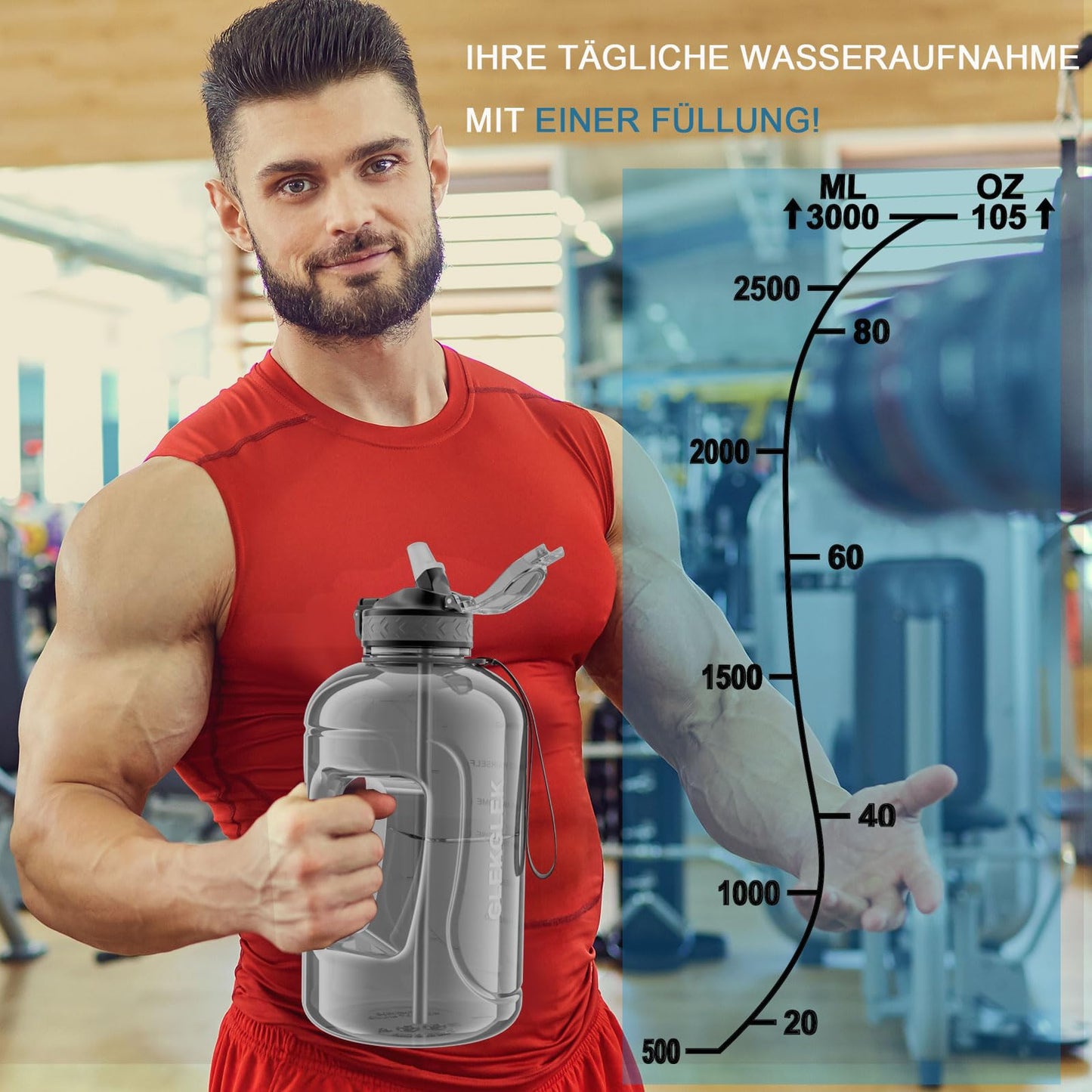 GLEKGLEK 3 Liter sports water bottle with straw BPA free Time markings Large water bottle for gym workout training (Gray)