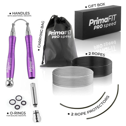 PrimaFIT adult Fitness Pro Speed Jump Rope 3m adjustable with weights, 2 ball bearings & anti-slip handles, professional skipping for boxing, MMA, Crossfit, extra steel rope, bag