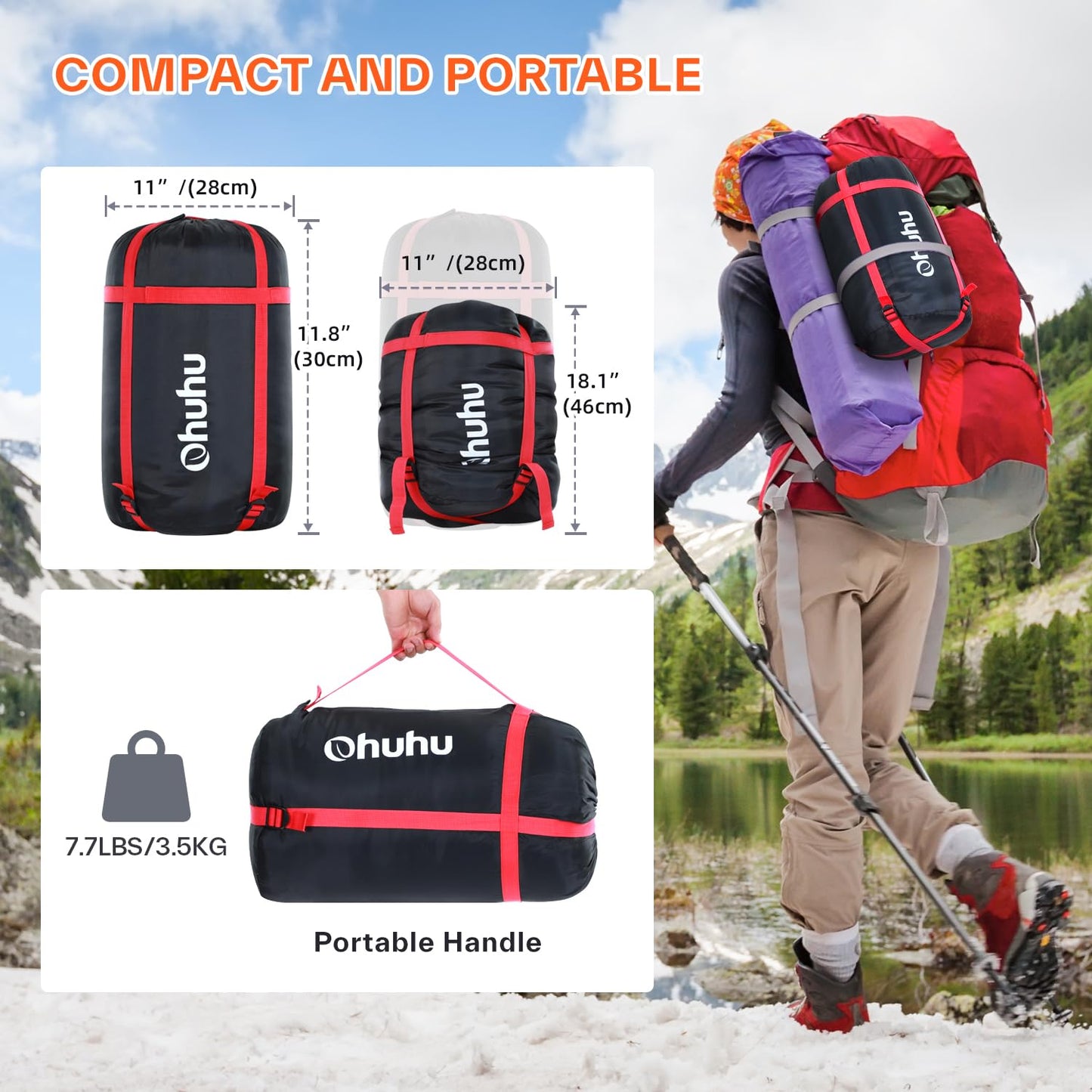 Ohuhu Thick Double Sleeping Bag, Adult Double Sleeping Bag 3.5kg with 220 x 150cm, 2 Free Pillows and a Carrying Bag, Four Double Zippers, Comfortable Temperature: -5 °C ~ 10 °C for Camping, Black