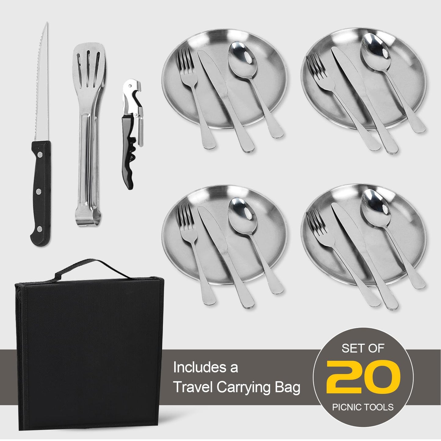 Camping cutlery set for 4 people - Stainless steel camping tableware set for outdoor, picnic and travel - with stainless steel knife, fork, spoon and plate, Portable cutlery including cutlery bag.