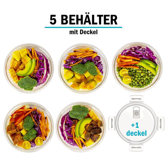 Igluu Meal Prep Round Glass Food Storage Containers with Lid (5-Pack + 1 Spare Lid) – microwave, oven, freezer, dishwasher safe, leak-proof – 840 ml – 1 Compartment - BPA-free Borosilicate Glass