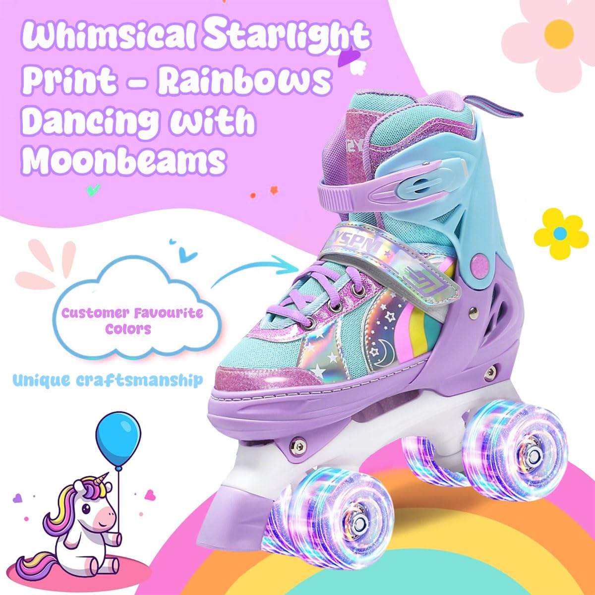 OLYSPM roller skates for kids, adjustable roller skates for women, LED roller skates with 4 sizes adjustable, roller skates with storage bag for girls, boys, and beginners (purple)