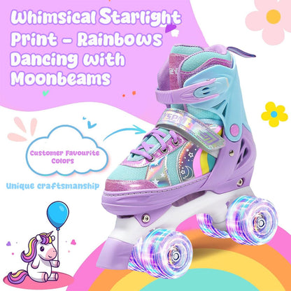 OLYSPM roller skates for kids, adjustable roller skates for women, LED roller skates with 4 sizes adjustable, roller skates with storage bag for girls, boys, and beginners (purple)